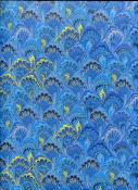 Papier fantaisie italien, marbré plume de paon bleu, jaune  et or 