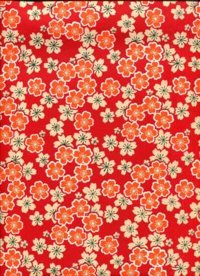 Papier japonais chiyogami, fleur de cerisier orange fond rouge