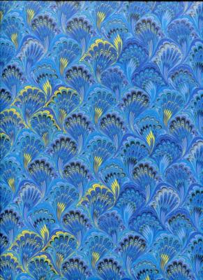 Papier fantaisie italien, marbré plume de paon bleu, jaune  et or 